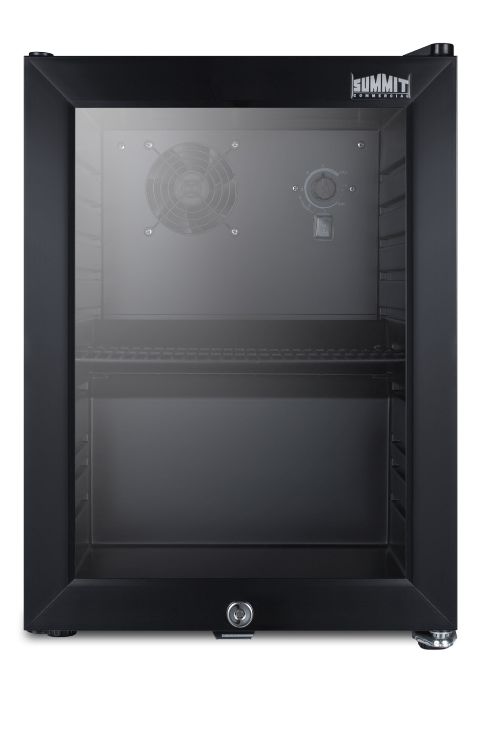 Compact commercial beverage center designed for the display and refrigeration of beverages, with glass door, lock, and black cabinet